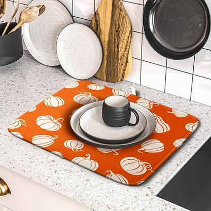 Fall Dish Drying Mat for Kitchen Counter Autumn White Pumpkins Festival Microfiber Absorbent Dish Draining Reusable Washable Foldable 16"x18" - Image 5