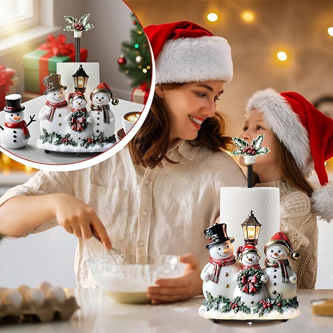 Thyle Winter Snowman Paper Towel Holder with Round Base Winter Bathroom Decor Rustic Snowman Family Dispenser Kitchen Paper Holder Stand for Christmas Xmas Countertop Toilet Home Accessories