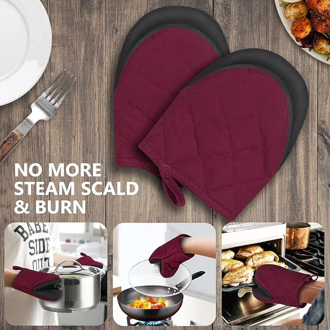 1 Pair Short Oven Mitts - Silicone Kitchen Oven Gloves High Heat Resistant 500℉, Mini Oven Mits with Non-Slip Grip Surfaces and Hanging Loop for BBQ, Baking, Cooking and Grilling (Dark Red) - Image 7