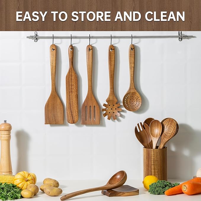 Wooden Utensil Set 12 PCS - Natural Non-Toxic Acacia Wooden Spoons for Cooking, Nonstick, Sturdy, Non-Scratch, Easy to Clean, Wood Kitchen Utensils Set with Holder, Spoon Rest & 6 Hooks - Image 9