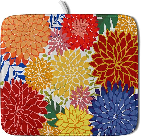 Modern Floral Dish Drying Mat 16x18 in Multicolored Tropical Drying Pad for Kitchen Counter by Giwawa