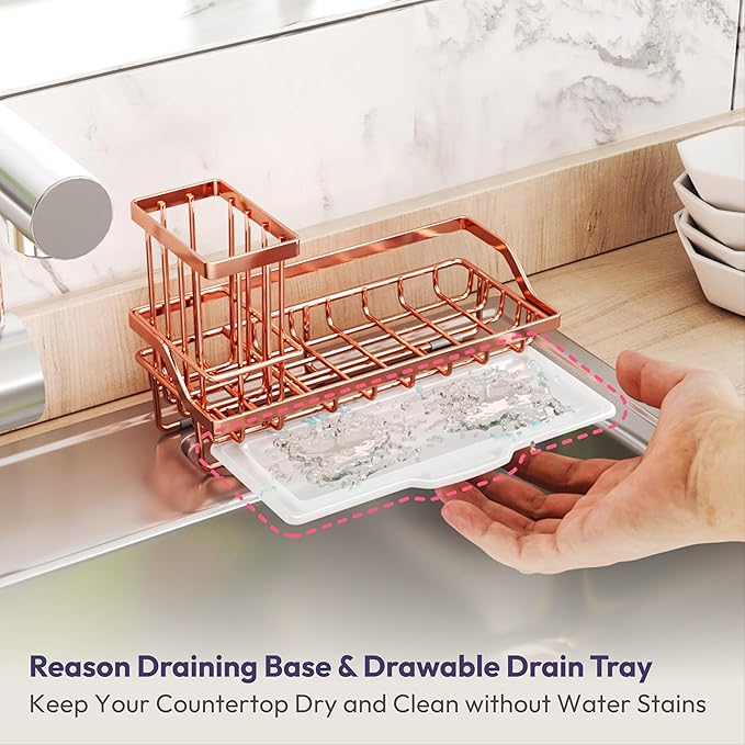 SWTYMIKI Sink Caddy Kitchen Sink Organizer with Detachable Brush Holder, Stainless Steel Sponge Holder with Removable Drip Tray Sponge Caddy for Kitchen Countertop, Rose Gold - Image 5