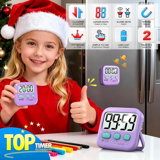 Antonki 2 Pack Digital Timer for Kids, Magnetic Countdown Kitchen Timers for Cooking, Egg, Classroom, Teacher, Exercise, Study, Oven - Battery Included - Image 3