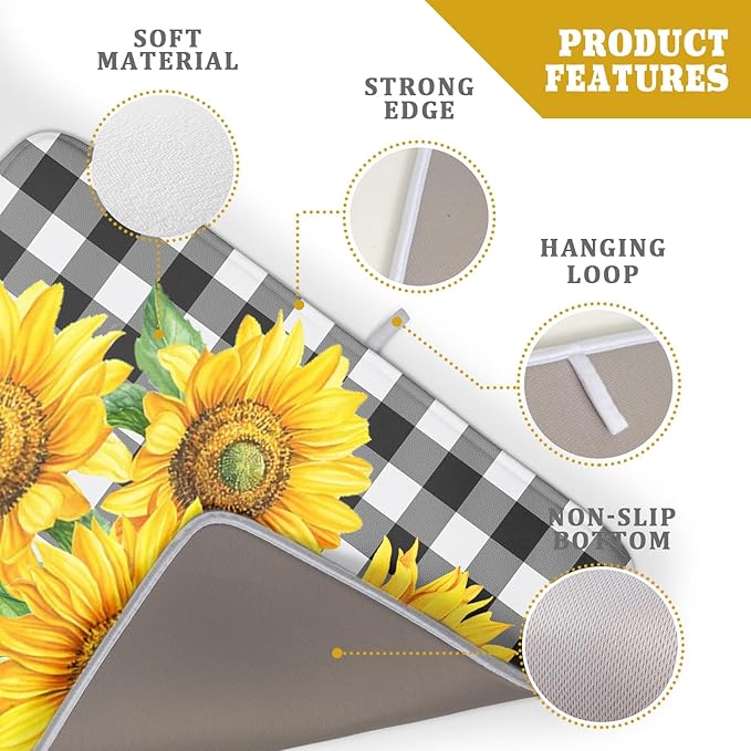Sunflower Dish Drying Mat for Kitchen Counter Black White Buffalo Plaid Microfiber Absorbent Dish Draining Reusable Washable Foldable Extra Large 18"x24" - Image 4
