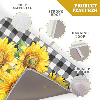 Sunflower Dish Drying Mat for Kitchen Counter Black White Buffalo Plaid Microfiber Absorbent Dish Draining Reusable Washable Foldable Extra Large 18"x24" - Image 4