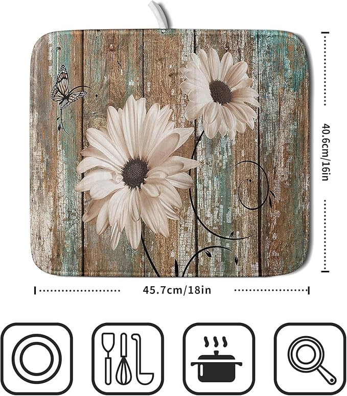Giwawa Rustic Daisy Board Dish Drying Mat for Kitchen Countertop 16x18 inch Fall Sunflower on Wooden Plank Dish Drainer Mats Fast Drying Country Shabby Chic Vintage Kitchen Drying Decor