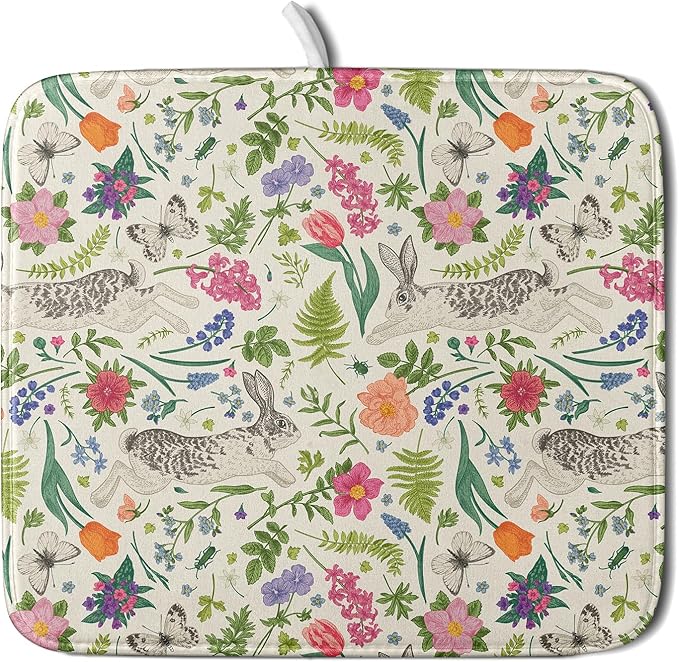 Spring Easter Dish Drying Mat for Kitchen Counter 16x18 Rabbit Bunny Green Pink Floral Vintage Print Absorbent Reversible Microfiber Drying Mats Kitchen Countertop Protector Dishes Drainer Rack Pad by Aytipun