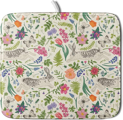 Spring Easter Dish Drying Mat for Kitchen Counter 16x18 Rabbit Bunny Green Pink Floral Vintage Print Absorbent Reversible Microfiber Drying Mats Kitchen Countertop Protector Dishes Drainer Rack Pad by Aytipun