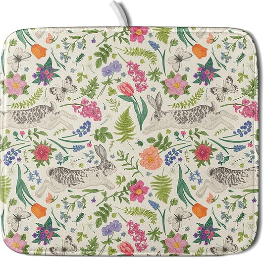 Spring Easter Dish Drying Mat for Kitchen Counter 16x18 Rabbit Bunny Green Pink Floral Vintage Print Absorbent Reversible Microfiber Drying Mats Kitchen Countertop Protector Dishes Drainer Rack Pad by Aytipun