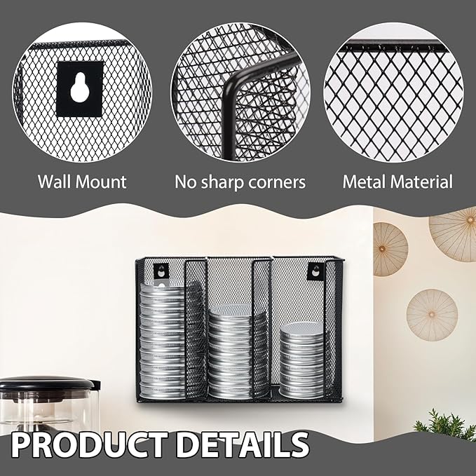 Wall Mounted Mason Jar Lid Organizer Metal Mason Jar Lid Holder 3-Compartment Mason Jar Lid Rack Vertical Mason Jars Lid Storage Wide Mouth Canning Lid Holder Stackable for Kitchen Countertop