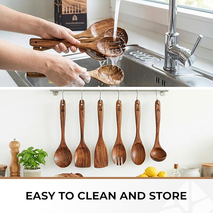 Wooden Spoons for Cooking – 6 Pcs Premium Teak Wooden Utensil Set with Hooks - Durable, Nonstick Safe, Easy to Clean & Heat Resistant with Ergonomic Handles - Image 8
