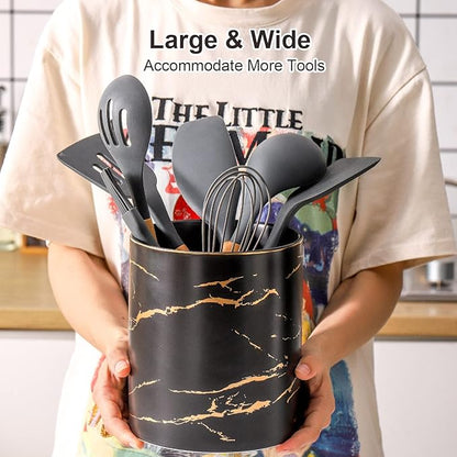7.2 inch Large Utensil Holder for Kitchen Counter, Golden Marble Utensil Crock Spatula Holder for Countertop Cooking Tools Storage Caddy Farmhouse Kitchen Decor (Marble-Black) - Image 3