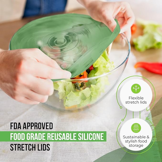 Reusable Silicone Stretch Lids for Food Storage in Fridge - Elastic Heat-Resistant Bowl Covers, Cups, Cans, Jars - Universal Food Grade Lid for Containers - 7 Pack - Light Green Stretchy Lid Set - Image 3