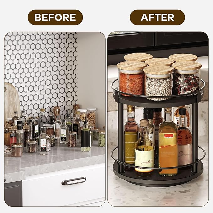 YATINEY Lazy Susan Organizer, Rotating Spice Rack, 2 Tier Spice Turntable Organizer, Industrial Turntable Spice Holder, for Kitchen Countertop and Cabinet, Compact and Versatile, Black SR22BK - Image 6