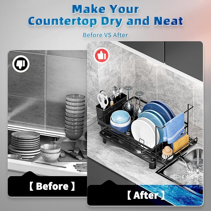 Dish Drying Rack, Stainless Steel-Dish Rack, Dish Racks for Kitchen Counter, Kitchen Dish Drainers with Removable Utensil Holder,New drain outlet,Plate Rack and Drainboard,(Black2 with Sponge Rack ) - Image 2