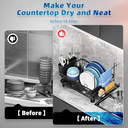 Dish Drying Rack, Stainless Steel-Dish Rack, Dish Racks for Kitchen Counter, Kitchen Dish Drainers with Removable Utensil Holder,New drain outlet,Plate Rack and Drainboard,(Black2 with Sponge Rack ) - Image 2