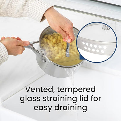 GoodCook Stainless Steel Sauce Pan with Strainer Lid Oven-Safe to 500F & Induction-Safe Compatible with All Stovetops 3-Layer Construction for Even Heating PTFE & PFOA Free, 2.5-Quarts, Silver