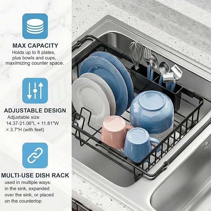 Expandable in Sink Dish Drying Rack - Adjustable Capacity Over The Sink Dish Drainer Drying Rack with Utensil Holder for Kitchen Counter, Drying Rack for Small Space,14.37“-21.06”L x 11.81“W x 3.74”D - Image 3