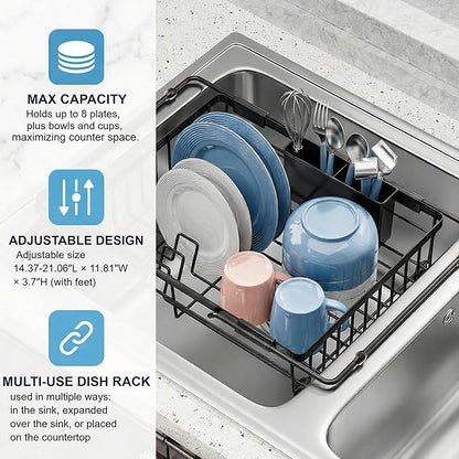 Expandable in Sink Dish Drying Rack - Adjustable Capacity Over The Sink Dish Drainer Drying Rack with Utensil Holder for Kitchen Counter, Drying Rack for Small Space,14.37“-21.06”L x 11.81“W x 3.74”D - Image 3