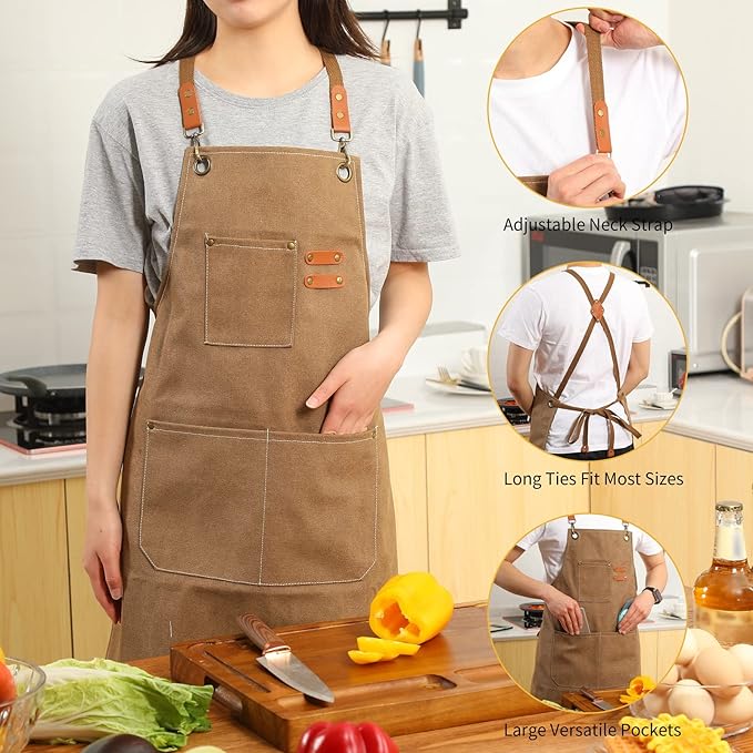 Tosewever Canvas Cross Back Chef Cotton Aprons for Men Women with Large Pockets - Image 5