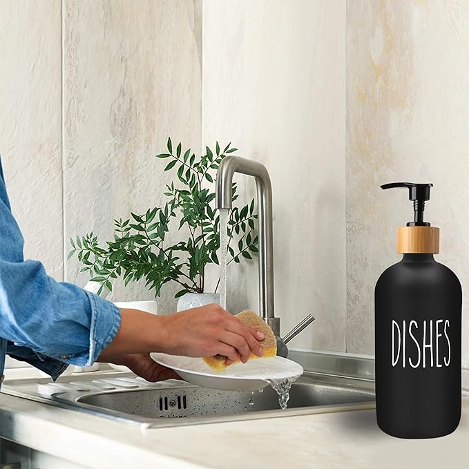 Sunrise Premium 16 OZ Thick Black Glass Soap Dispenser, Bamboo Pump with Tray 2 Pack, Hand and Dish Soap Dispenser Set for Bathroom with 6 Waterproof Labels - Image 4