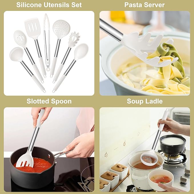 E-far Silicone Cooking Utensils Set, 7 Pcs Heat Resistant Kitchen Utensils with Stainless Steel Handle, Slotted Turner, Spoon, Soup Ladle, Pasta Server, Skimmer, Tongs for Nonstick Cookware, White - Image 3