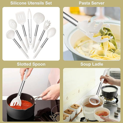 E-far Silicone Cooking Utensils Set, 7 Pcs Heat Resistant Kitchen Utensils with Stainless Steel Handle, Slotted Turner, Spoon, Soup Ladle, Pasta Server, Skimmer, Tongs for Nonstick Cookware, White - Image 3
