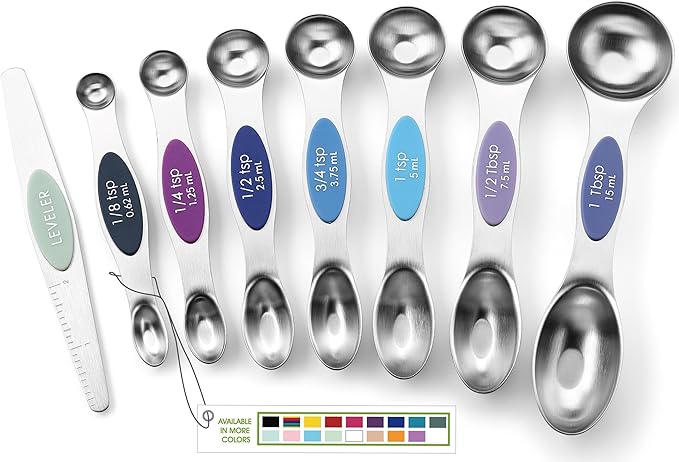 Spring Chef Stainless Steel Magnetic Measuring Spoons Set of 8 with Leveler, Dual Sided Metal Teaspoon & Tablespoon Measuring Spoons, Nesting Kitchen Gadgets for Baking & Cooking - Winter Frost by SpringChef