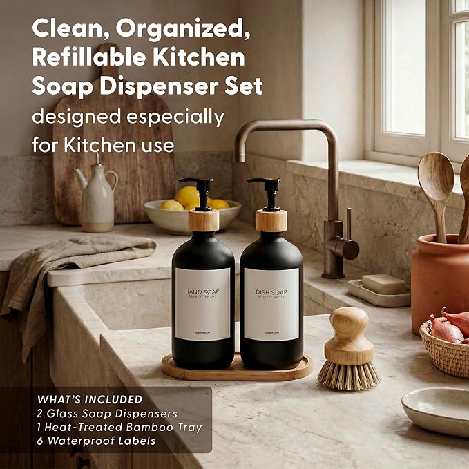MaisoNovo Glass Dish Soap Dispenser for Kitchen Set of 2-16.9oz Dish and Hand Soap Dispenser Set for Kitchen - Black Glass Bottles x 2 with Black Bamboo Pumps & Tray