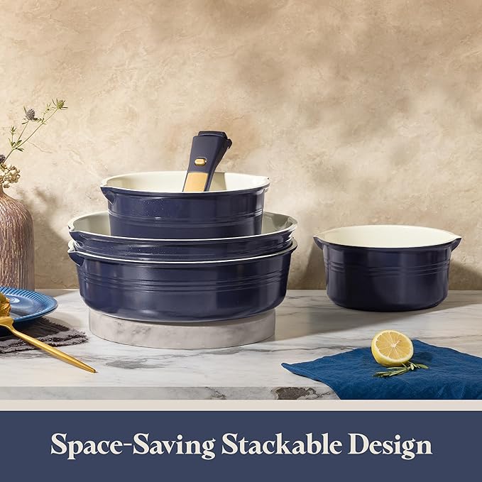 CAROTE 22Pcs Titanium Cookware Set, Pots and Pans Set Non Stick, Kitchen Cooking Set with Detachable Handle, Non Toxic Induction Cookware, Dishwasher/Oven Safe，Blue - Image 5