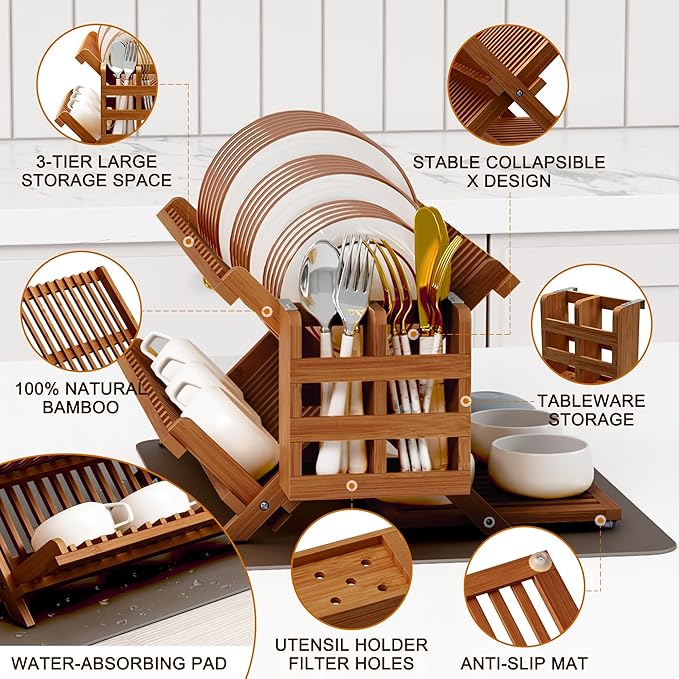 Greenual Teak Dish Drying Rack with Utensil Holder, 3 Tier Collapsible Dish Rack, Wooden Dish Racks for Kitchen Counter, Large Folding Drying Holder with Absorbent Dish Drying Mat - Image 5