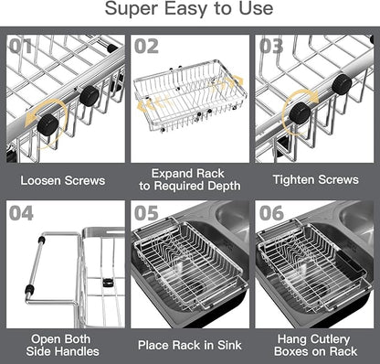 MAJALiS Dish Drying Rack Over The Sink, Expandable Stainless Steel Dish Drainer for Small Kitchen Counter Space Saving, RV Compact Plate Strainer In Silver Metal with Hanging Adjustable Utensil Holder - Image 10