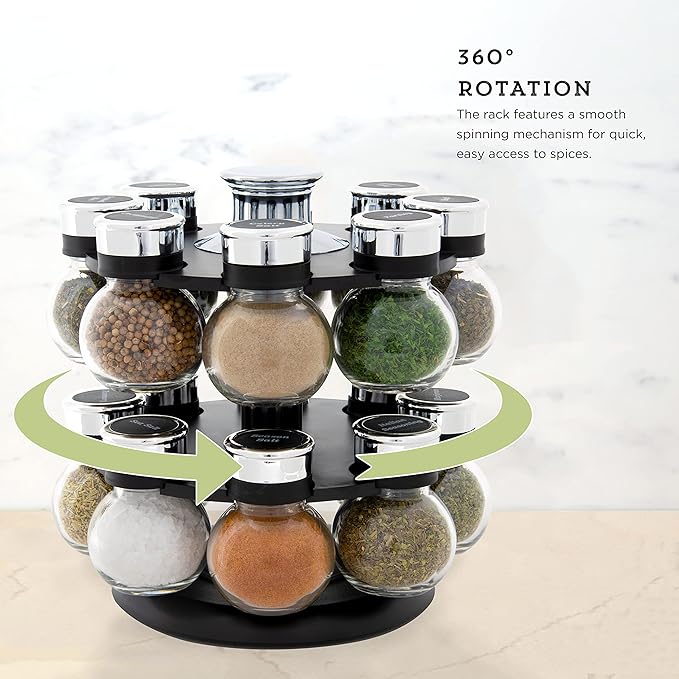 Kamenstein Ellington 16 Jar Revolving Spice Rack with Prefilled Spices - Rotating Chrome and Plastic Countertop Organizer with Sifter Caps and Labeled Lids - Image 3