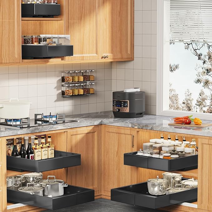Seinloes 2 Pack Expandable (9"-14") Pull Out Cabinet Organizer 21" Deep With Raising Pad for Framed Cabinets,Upgrade 3 Slide Rails Slide Out Drawers,No Drill Roll Out Shelves Adhesive,Black - Image 7