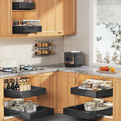 Seinloes 2 Pack Expandable (9"-14") Pull Out Cabinet Organizer 21" Deep With Raising Pad for Framed Cabinets,Upgrade 3 Slide Rails Slide Out Drawers,No Drill Roll Out Shelves Adhesive,Black - Image 7