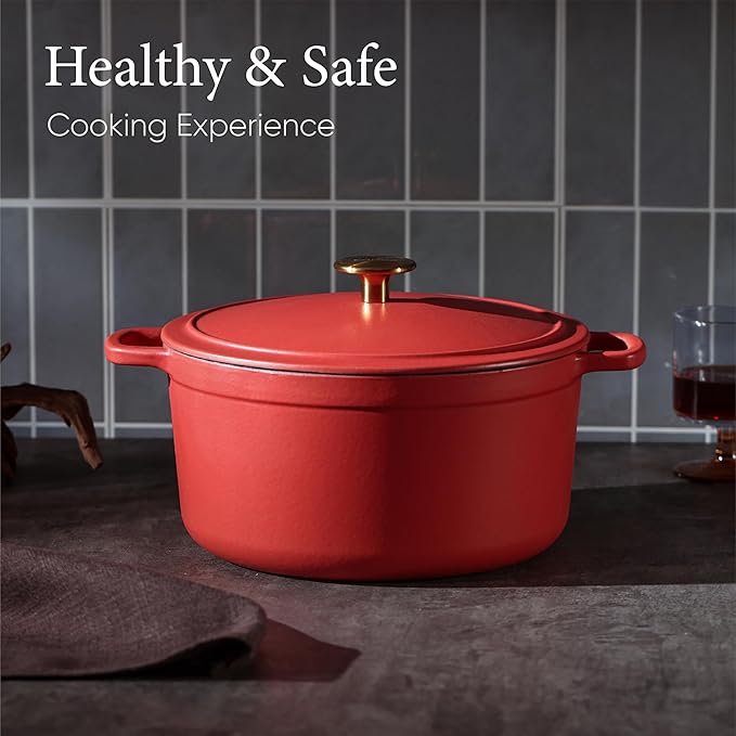 CAROTE 5QT Enameled Cast Iron Dutch Oven Pot with Lid, Heavy-Duty Dutch Oven for Sourdough Bread Baking, Braising, Stews, Roasting, Healthy & Non-Toxic, Dual Handles, All Stovetop Compatible, Oven Safe up to 500° F, Red - Image 4