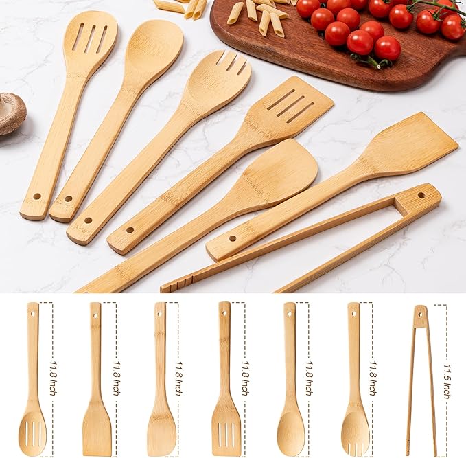 Eisinly Wooden Spoons for Cooking 7-Piece, Kitchen Nonstick Bamboo Cooking Utensils Set, Durability Wooden Spatula Spoon for Everyday Use, Smooth Edge - Image 2