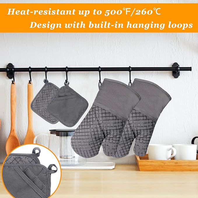 4 Pcs Oven Mitts and Pot Holders,Kitchen Long Oven Glove High Heat Resistant 500 Degree,Extra Thicken Oven Mitts and Potholder with Non-Slip Silicone Surface for Baking,Grilling,Cooking(Grey) - Image 4