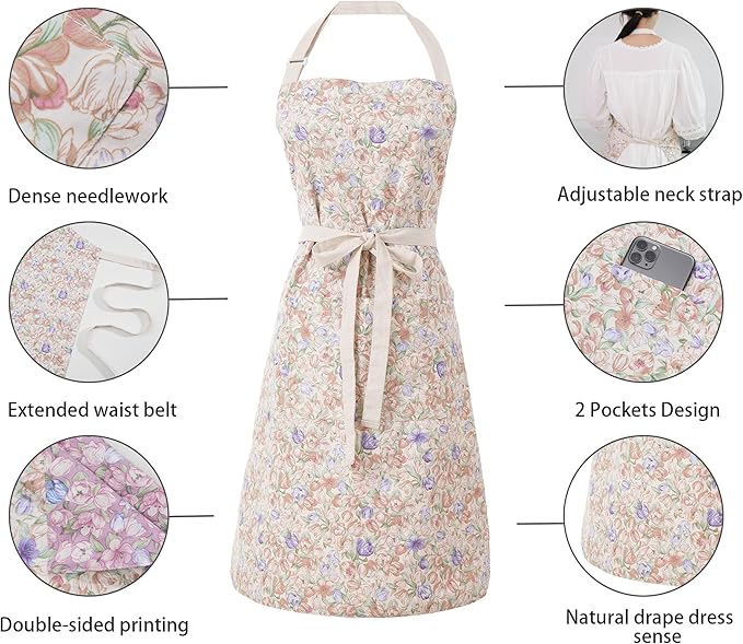 Aoomzoon Kitchen Aprons for Women with 2 Pockets,Double Sided Vintage Adjustable Apron for Gardening Cooking Arting Painting - Image 5