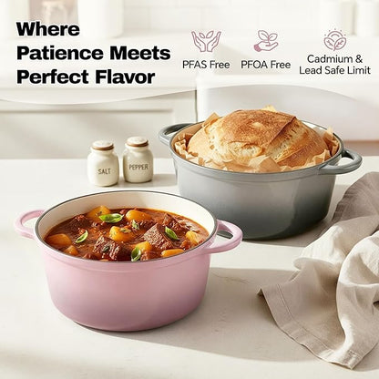 6 Quart Dutch Oven Pot with Lid, Non Stick Enameled Cast Iron Dutch Oven for Bread Baking, Heavy-Duty, Oven Safe Ceramic Cookware Up to 500°F for Baking, Braising, Stews, Roasting, Pink - Image 2