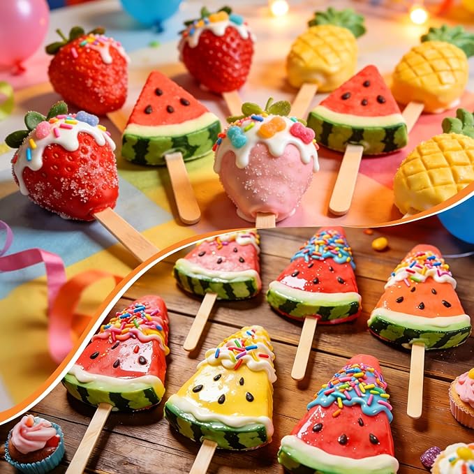 Juome Cake Pop Mold Kit, 6 Cavities Fruit Shape Cakesicle Molds Silicone with 100 Wooden Sticks&100 Packaging Bags with Ties, Cake Pop Maker Supplies Accessories, Baking Tools for Home Baking Desserts - Image 3
