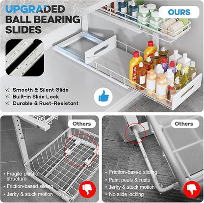 Under Sink Organizer Upgrade To Professional Rails,2-Tier Dual Pull Out Cabinet Storage,Height Adjustable Slide Out Drawers For Bathroom Kitchen,1 Pack-21"Dx12.8"-16.9"H,White - Image 3