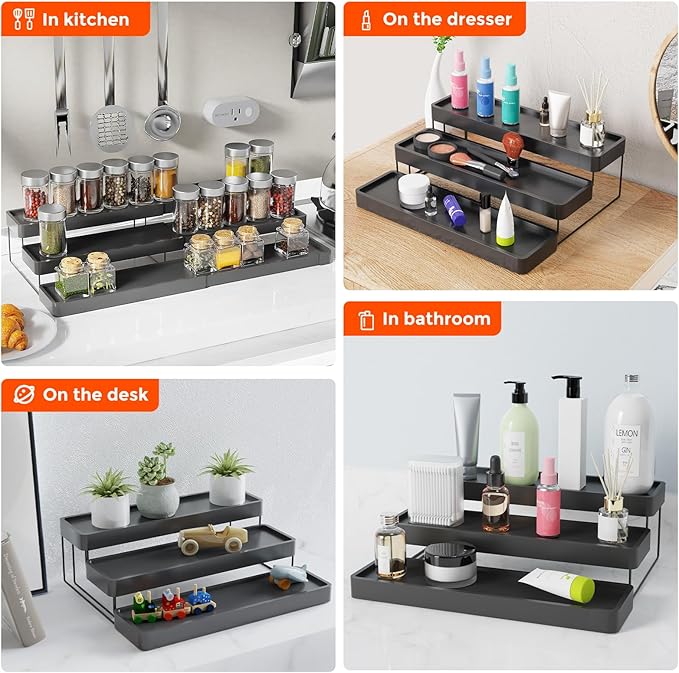 Expandable Spice Rack Organizer - 3 Tier Adjustable Spice Organizer for Cabinet & Countertop - Easy Visibility - Black - Image 6