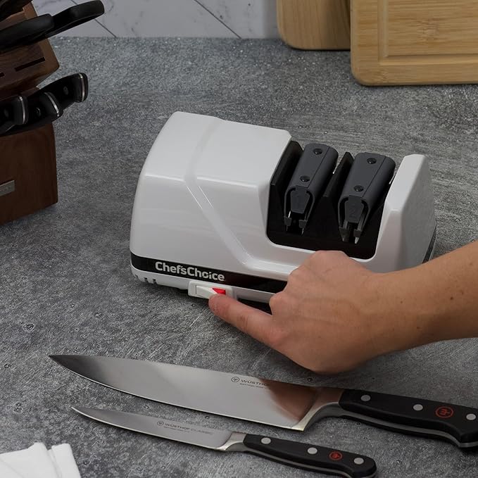 Chef'sChoice Professional Electric Knife Sharpeners FlexHone/Strop With 100-Percent Diamond Abrasives And Precision Angle Guides For 20-Degree Straight-Edge and Serrated Knives, 2-Stage, White - Image 4