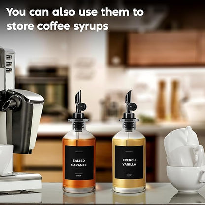 Spaceneat Oil Dispenser for Kitchen - Glass Olive Oil Bottle Set of 2 (11.8oz) with Black Weighted Self-Closing Pourer - Cooking Oil Dispenser with 66 Labels, Aligner & Funnel