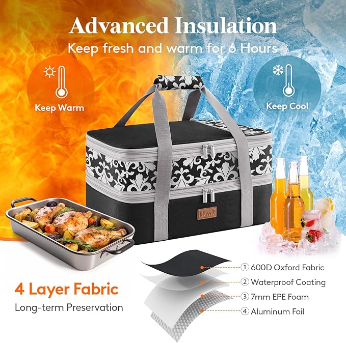 Lifewit Insulated Double Decker Casserole Carrier, Expandable Lasagna Lugger Tote Bag for Hot or Cold Food, Fits 9" x 13" Baking Dish for Potluck Parties, Picnic and Cookouts, Black-Flowers