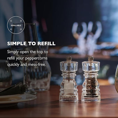 Cole & Mason London Refillable Spice Mill - Kitchen & Home Accessory - Table Black Pepper Grinder - Pepper Mill with Carbon Steel Mechanism - 5", Acrylic