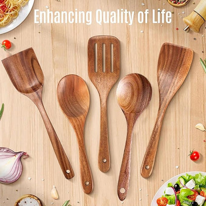 5 PCs Teak Wooden Utensil Set with Hooks, Wooden Spoons for Cooking, Wood Cooking Utensils Set, Comfort Grip, Non Stick Cookware, Easy to Clean, Kitchen Stuff, Wood Spatula - Image 7