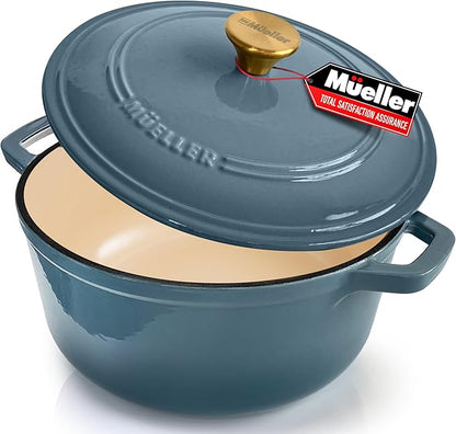 Cast Iron Pot Dutch Oven, Heavy-Duty, Oven-Safe up to 500° F & Across All Cooktops, Bread Pan with Lid & Knob, Cast Iron Cookware, Blue Kitchen Accessories, Mineral Blue by MUELLERHOME