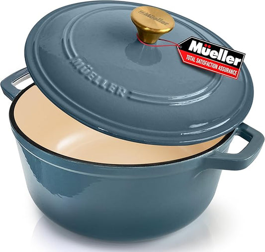 Cast Iron Pot Dutch Oven, Heavy-Duty, Oven-Safe up to 500° F & Across All Cooktops, Bread Pan with Lid & Knob, Cast Iron Cookware, Blue Kitchen Accessories, Mineral Blue by MUELLERHOME